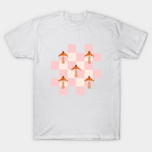 Vintage Merry Mushrooms. Retro vintage Christmas pattern with groovy toys of mushroom on checkerboard background. T-Shirt